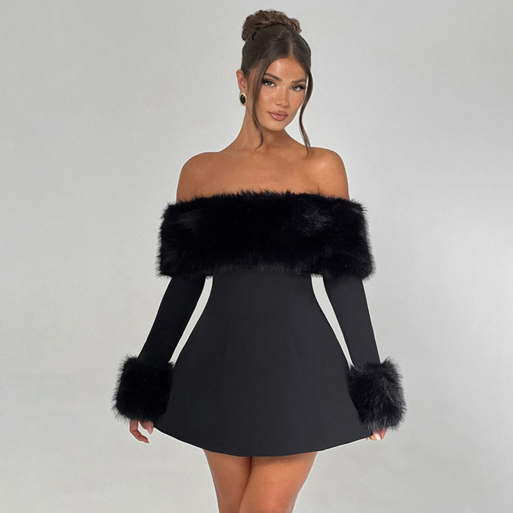 Zara Fall Winter Fur Collar Off Shoulder Long Sleeve Slim Fit Dress